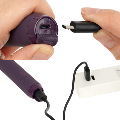 充電はUSB充電式。充電時間は約60分、連続稼働時間は約90分です。充電中はライトが点滅します。ボディ底部のキャップを捲って充電してください。