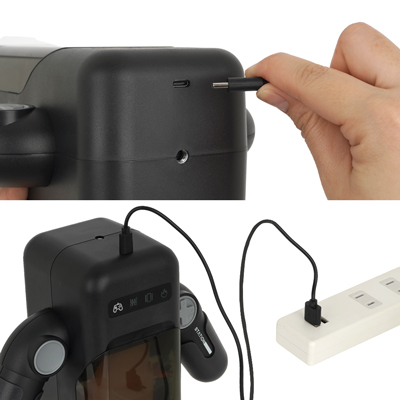 充電はUSB充電式。充電時間は約120分、連続使用時間は約120分です。充電中はランプが点滅し、充電が完了するとランプが点灯します。