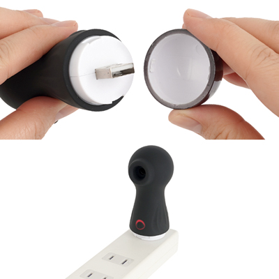 充電はUSB充電式。本体底のフタを外し、USBポートに差し込んでください。充電時間は約40分、連続稼働時間は約150分です。充電中はライトが点滅し、充電が完了するとライトが点灯します。