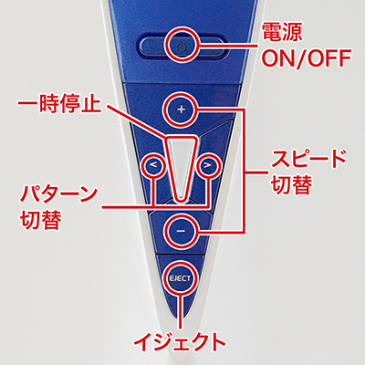 スピード７段階×パターン７種類という、多彩な動きが自慢。30秒間無操作で自動電源OFFするのでご注意を。