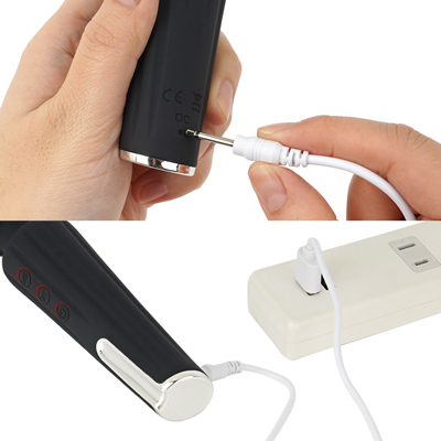 充電はUSB充電式。充電時間は約180分、連続稼働時間は約45分です。充電中はライトが点滅します。　※充電完了後もライトは消えません。