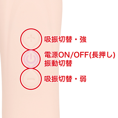 ７種類の振動パターンと５段階の吸振強弱（３段階目からスタート）を搭載。吸引口をクリや乳首を包むようにあてて、振動＆強弱を調節してお楽しみください。