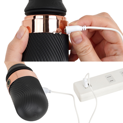 充電はマグネット式USB充電仕様。充電時間は約120分、連続稼働時間は約80分です。充電中はライトが点滅し、充電が完了するとライトが点灯します。