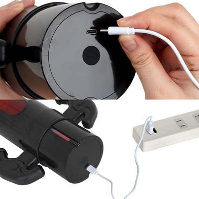 充電はUSB充電式。充電時間は約60分、連続稼働時間は約60分です。充電中はライトが点滅します。