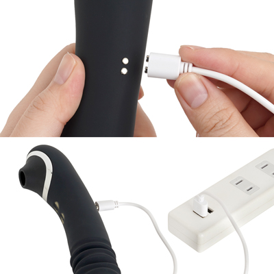 充電はマグネット式USB充電仕様。充電時間は約90分、連続稼働時間は約45分です。充電中はライトが点滅します。