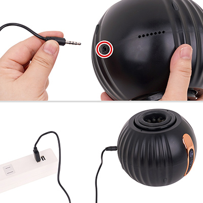 付属のUSB充電ケーブルを本体ジャックに挿して充電します。フル充電までは約４時間、連続稼働は約45～60分です。