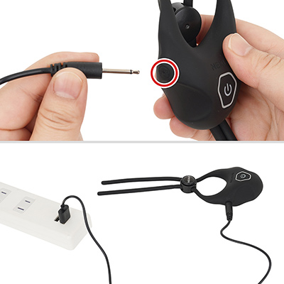 【バイブレーティング】充電時は付属ケーブルのジャックを本体側面に突き刺します。フル充電までは約2.5時間、連続稼働は約55分です。