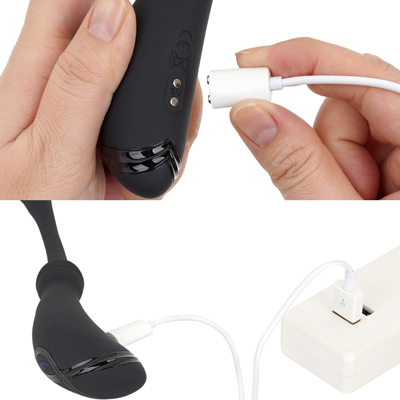 充電はマグネット式USB充電仕様。充電時間は約100分、連続稼働時間は約90分です。充電中はライトが点滅し、充電が完了するとライトが点灯します。