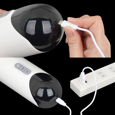 充電はUSB充電式。充電時間は約３時間、連続稼働時間は約45分です。充電中はライトが点滅します。