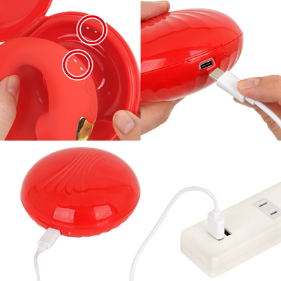 ケースに入れたまま充電できるUSB充電式。本体とケース内の充電部分をカチッと音がするように合わせて収納してください。充電時間は約120分、連続稼働時間は約120分です。充電中は赤タンプが点灯し、充電が完了すると白ランプが点灯します。