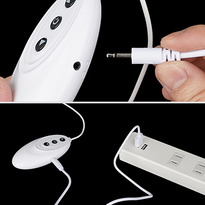 専用ケーブルを使うUSB充電式です。フル充電までは約１時間、連続稼働は約40分。小さなコントローラーなのでバッテリーも小さめ。