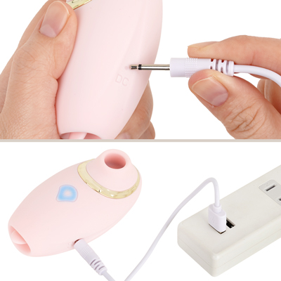 充電はUSB充電式。充電時間は約２時間、連続稼働時間は約１時間です、充電中は電源スイッチ部が点滅し、終了すると点灯に変わります。