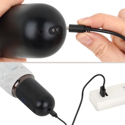 充電はマグネット式USB充電仕様。充電時間は約２～３時間、連続稼働時間は約55分です。充電中はライトが点滅し、充電が完了するとライトが点灯します。