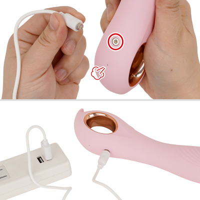 充電は専用ケーブルを使用。フル充電までは約1.5時間、連続稼働は約40分です。マグネット端子の下にある穴は排気口なので、使用時はここを塞がないよう注意してください。
