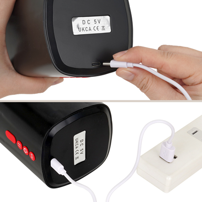 充電はUSB充電式。充電時間は約150分、連続稼働時間は約90分です。充電中はライトが点滅します。