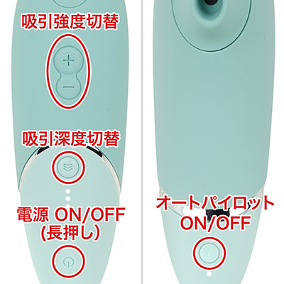 吸引パターンは強度を＋／－で切り替え。ボタン押しっぱなしでもスムーズに変化します。３段階の深度設定は別ボタンで行い、LEDランプで現状確認ができます。