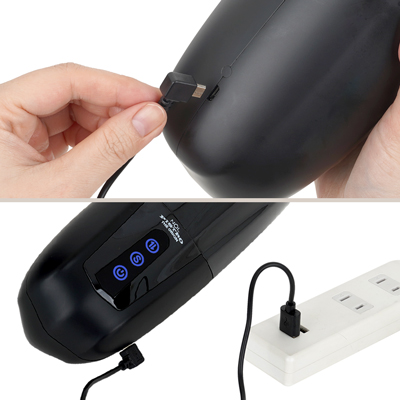 充電はUSB充電式。充電時間は約120分、連続稼働時間は約160分です。充電中はライトが点滅し、充電が完了するとライトが点灯します。