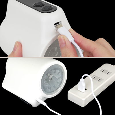 充電はUSB充電式。充電時間は約2.5時間、連続稼働時間は約45分です。充電中はライトが点滅します。