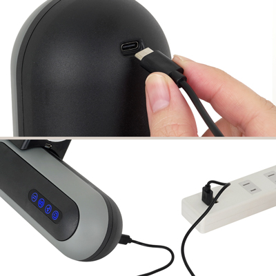 充電は「USB-タイプC」対応。充電時間は約120分、連続稼働時間は約60分です。充電中はライトが点滅し、充電終了でライトが点灯します。
