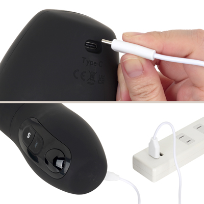 充電はUSB充電式。充電時間は約３時間、連続稼働時間は約45分です。充電中はライトが点滅します。