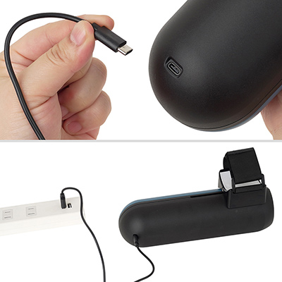 USB-C仕様の充電式です。フル充電までは約４時間、連続稼働は約60分。バッテリー性能はまずまずですが、必要十分なスペックでしょう。