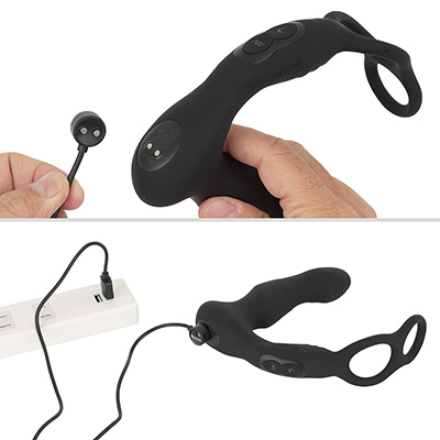 付属のマグネットケーブルで充電します。フル充電までは約100分、連続稼働は約60分。充電中はボタンLEDが赤く点灯します。