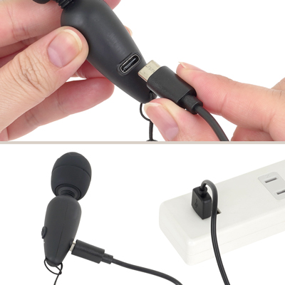 充電はUSB充電式。充電時間は約90分、連続稼働時間は約60分です。充電中はライトが点滅し、充電が完了するとライトが点灯します。