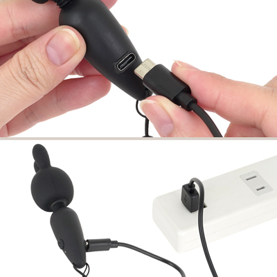 充電はUSB充電式。充電時間は約90分、連続稼働時間は約60分です。充電中はライトが点滅し、充電が完了するとライトが点灯します。