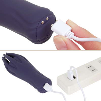 充電はマグネット式USB充電仕様。充電時間は約１時間、連続稼働時間は約２時間です。充電中はボタンが点滅します。