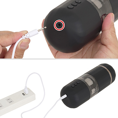 充電時は底部のジャックに付属ケーブルを接続します。フル充電までは約1.5時間、連続稼働は約50分と標準的な性能です。