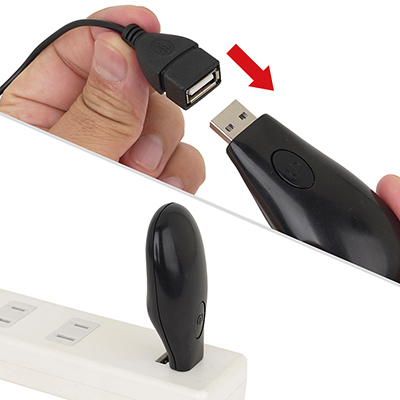 充電時はローター側のケーブルからコントローラーを外し、USB-Aの充電ポートに直接挿し込みます。フル充電までは約1.5時間、連続稼働は約50分です。