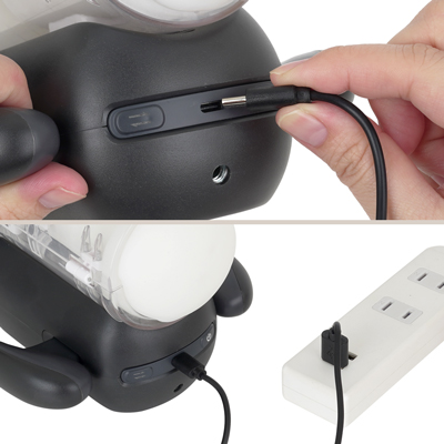 充電は付属のType-Ｃ式USBケーブルを使用します。充電時間は約２時間、連続稼働時間は約50分です。充電中はボタンが点滅します。