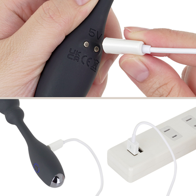 充電はマグネット式USB充電仕様。充電時間は約60分、連続稼働時間は約120分です。充電中はボタンが点滅し、満タンになると点灯します。