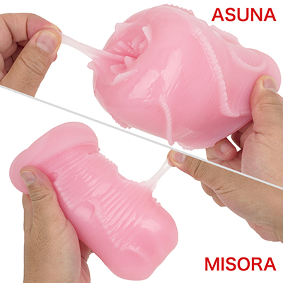 “ASUNA”はカサ高のヒダがウネって擦れ、奥には複数のタテヒダで亀頭を捉えるタイプ。“MISORA”は上下の異なるギミックでペニスを挟み込む構造です。