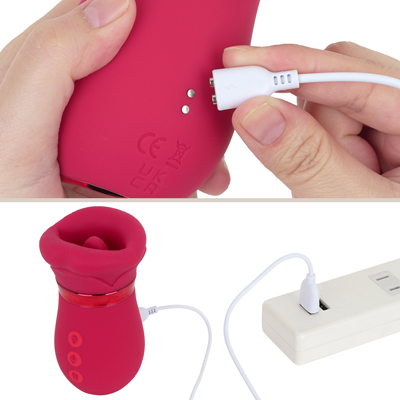 充電はマグネット式USB充電仕様。充電中はボタンが点滅します。