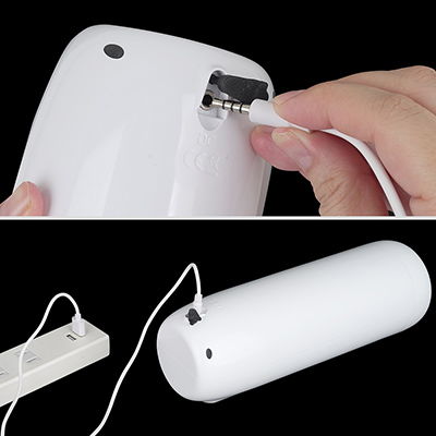 付属の充電ケーブルを本体底部のジャックに接続。フル充電までは約４時間、連続稼働は約60分とバッテリー性能はそれなり。