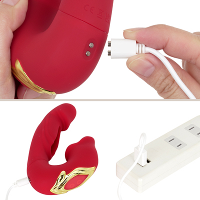 充電はマグネット式USB充電仕様。充電時間は約120分、最大連続稼働時間は約60分です。充電中はボタンが点滅します。