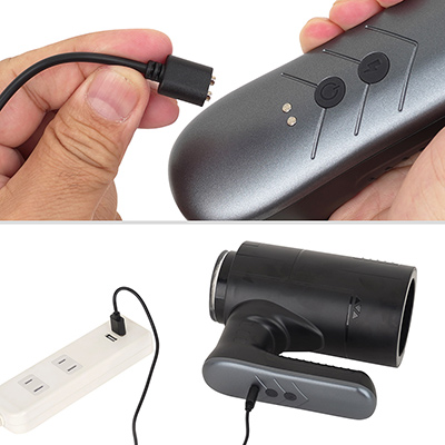 付属のマグネットケーブルを使うUSB充電式。フル充電までは約2.5時間、連続稼働は約60分。充電中はボタンLEDが点滅します。