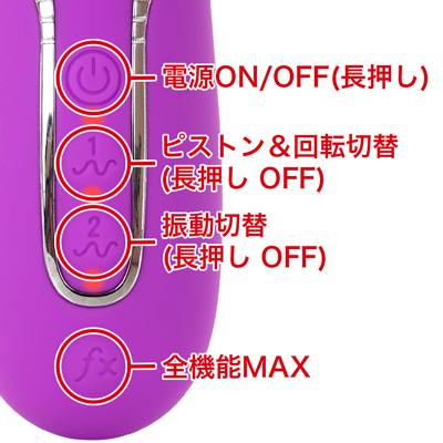 ７種類の振動パターン、４種類のピストン＆回転パターンを搭載。バーストボタンを押すことで、全機能が一気に加速します。