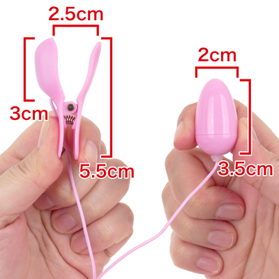 ２つの乳首クリップ、ローター、コントローラーは有線で繋がっています。　※数値はＮＬＳ実測値