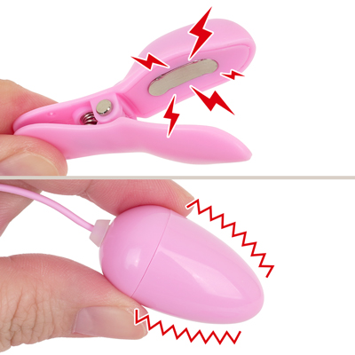 クリップ内側にあるパネル部分が２つ同時に肌に触れることで、ピリっと通電します。ローターは硬質でつるっとした質感です。
