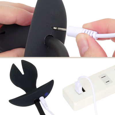 充電はUSB充電式。PCのUSBポートやスマホのACアダプターに繋げて充電できます。充電中はボタンが点灯します。