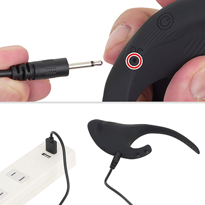 付属の充電ケーブルをDC穴に接続します。フル充電までは約80分、連続稼働は約50分というスペックは、サイズを考えればまずまず優秀。
