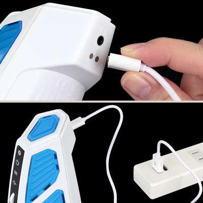 充電はマグネット式USB仕様。充電時間は約90時間、連続稼働時間は約60分です。充電中はボタンが点滅し、満タンになると点灯します。