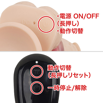 リモコンは本体電源ON時のみ有効で、遠隔範囲は最大約10ｍ。どちらの操作でも回転ピストンのワンアクションがローテーションします。