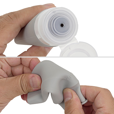 ノズル径は約３mm。キャップ一体型で紛失の心配もありません。ボディはシリコン素材で、柔らかいのにとっても丈夫なのがエライ。