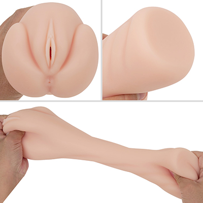挿入口には女性器っぽいディテールが施されています。非貫通式の２重構造で、ボリュームの影響から伸縮性はちょっと低め。