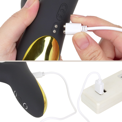 充電はマグネット式USB充電仕様。充電時間は約2.5時間、最大連続稼働時間は約55分です。充電中はボタンが点滅し、満タンになると点灯します。