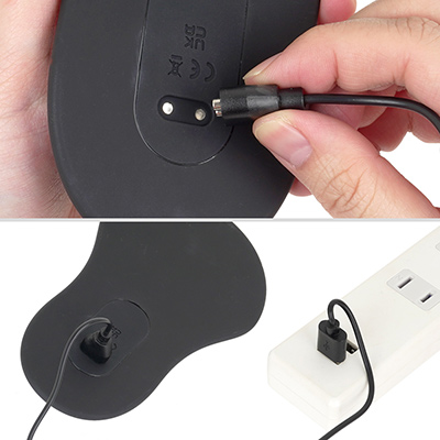 充電は付属のマグネット端子ケーブルを使用。フル充電までは約1.5時間で、連続稼働は約60分です。充電完了でLEDライトが点滅から点灯に変わります。