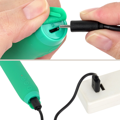 充電はUSB充電式。充電時間は約60～90分、最大連続稼働時間は約60分です。充電中はランプが点滅します。